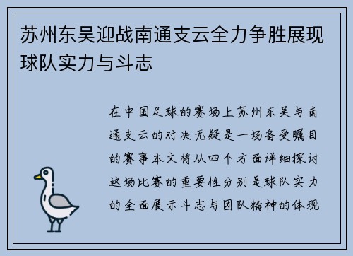 苏州东吴迎战南通支云全力争胜展现球队实力与斗志